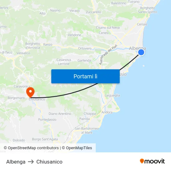 Albenga to Chiusanico map