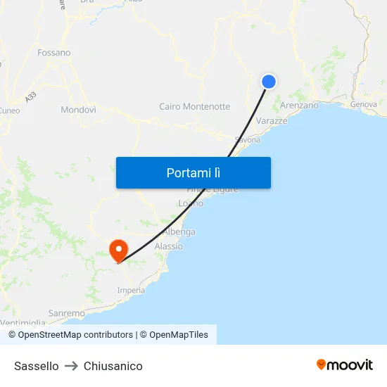 Sassello to Chiusanico map