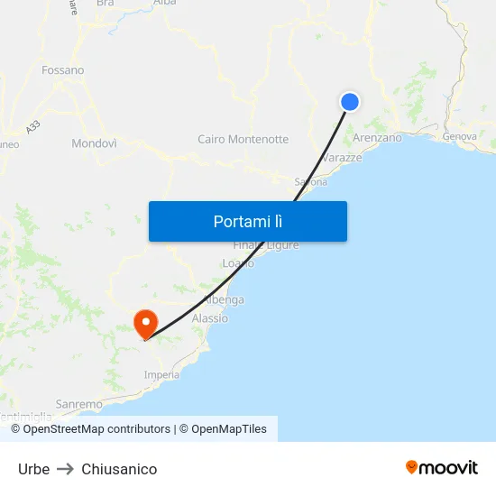 Urbe to Chiusanico map