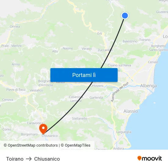 Toirano to Chiusanico map