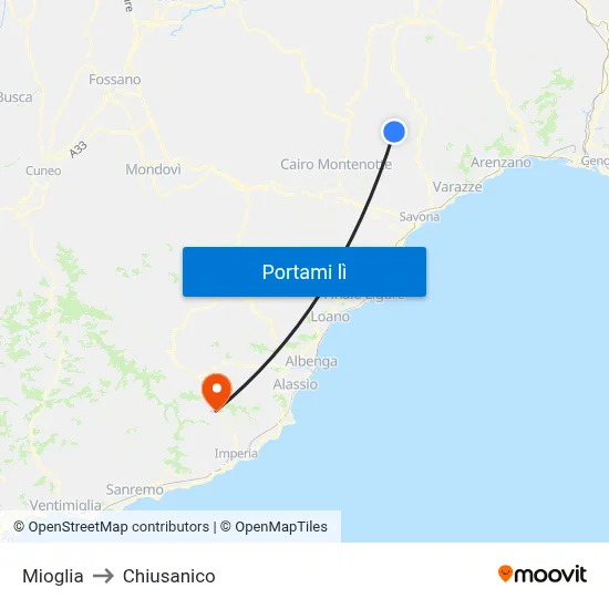 Mioglia to Chiusanico map
