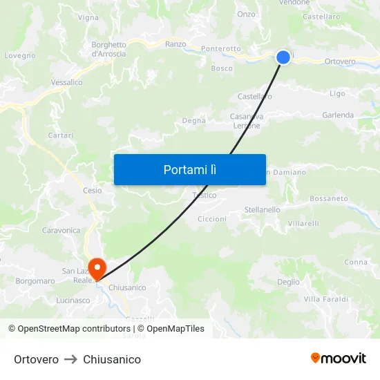 Ortovero to Chiusanico map