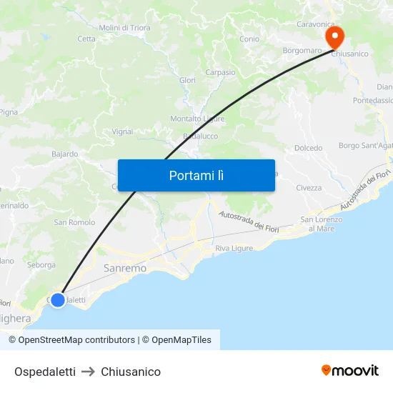 Ospedaletti to Chiusanico map