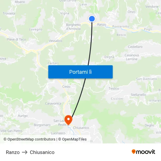 Ranzo to Chiusanico map