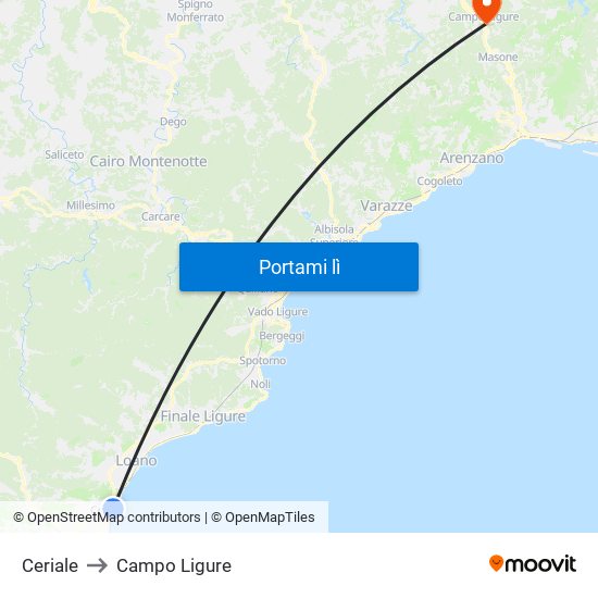 Ceriale to Campo Ligure map