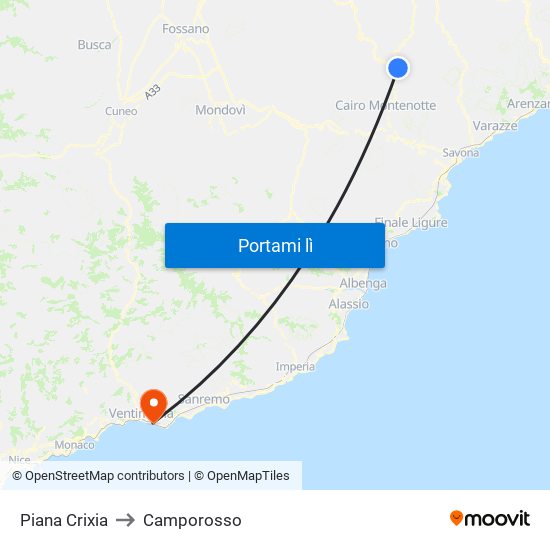 Piana Crixia to Camporosso map