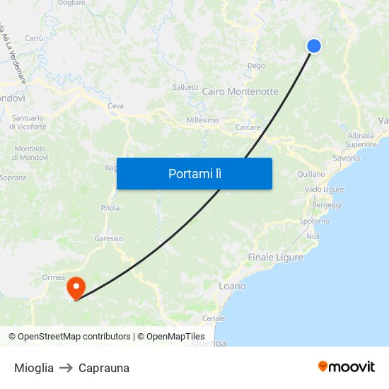 Mioglia to Caprauna map