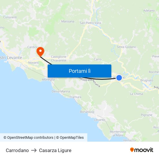 Carrodano to Casarza Ligure map