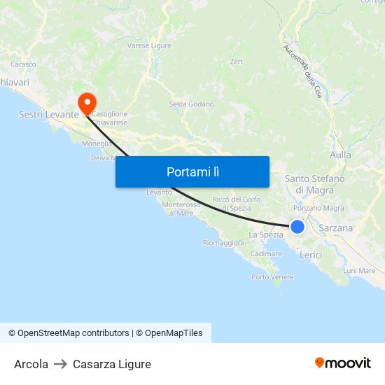 Arcola to Casarza Ligure map