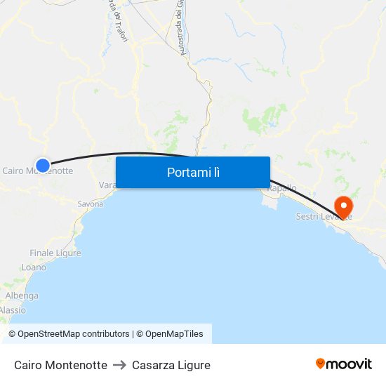 Cairo Montenotte to Casarza Ligure map