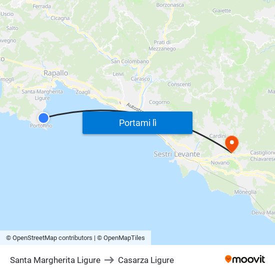 Santa Margherita Ligure to Casarza Ligure map