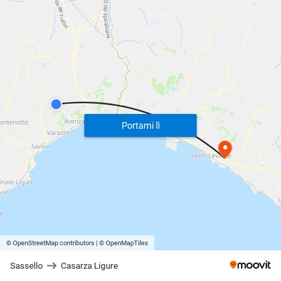 Sassello to Casarza Ligure map
