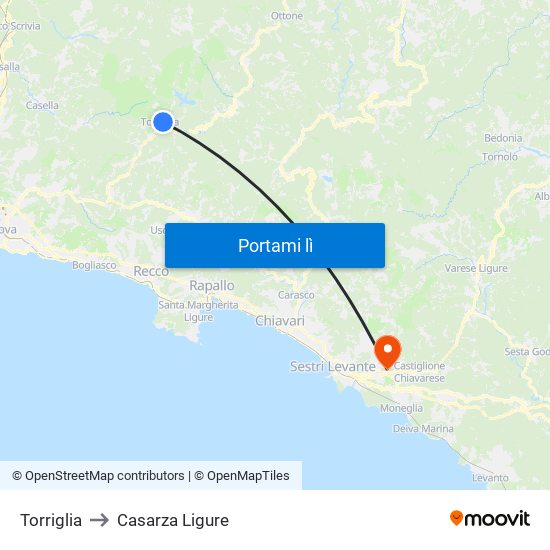 Torriglia to Casarza Ligure map