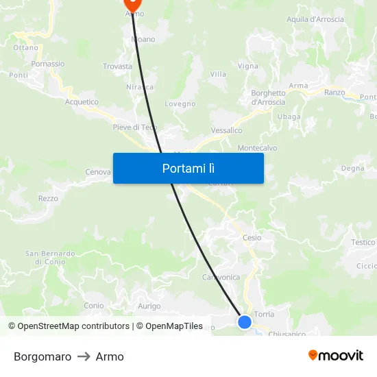 Borgomaro to Armo map