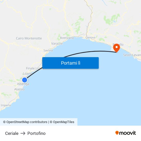 Ceriale to Portofino map