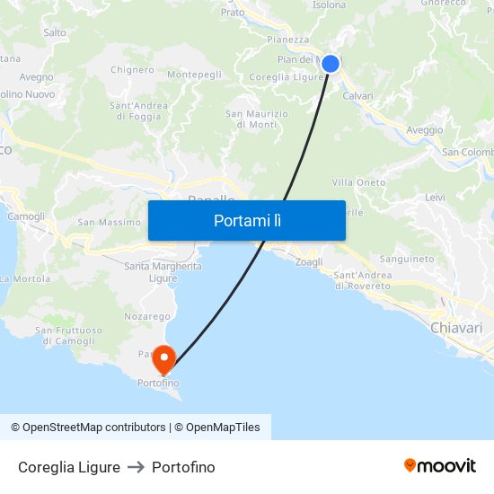 Coreglia Ligure to Portofino map