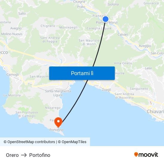 Orero to Portofino map