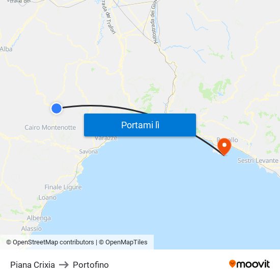 Piana Crixia to Portofino map