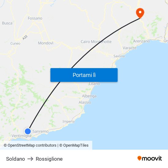 Soldano to Rossiglione map