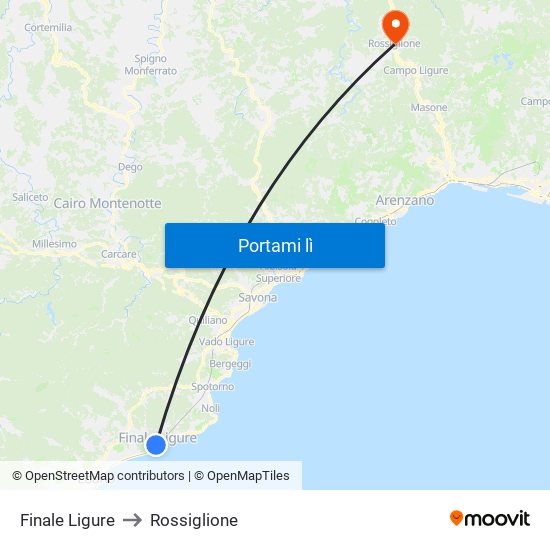 Finale Ligure to Rossiglione map