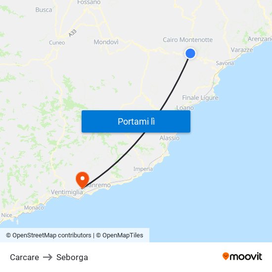 Carcare to Seborga map