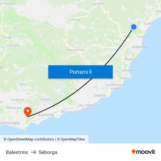 Balestrino to Seborga map