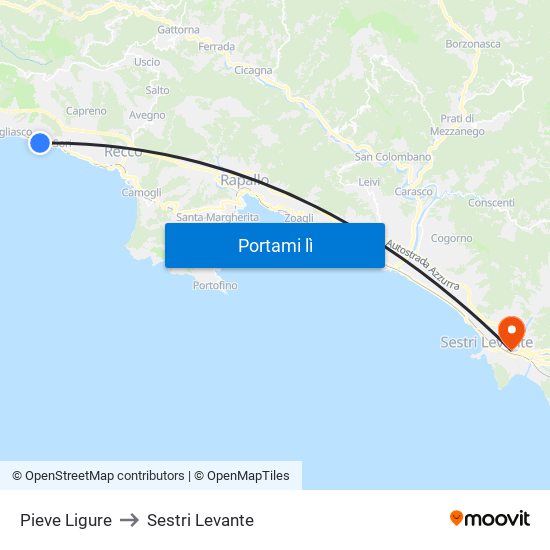 Pieve Ligure to Sestri Levante map