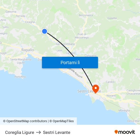 Coreglia Ligure to Sestri Levante map