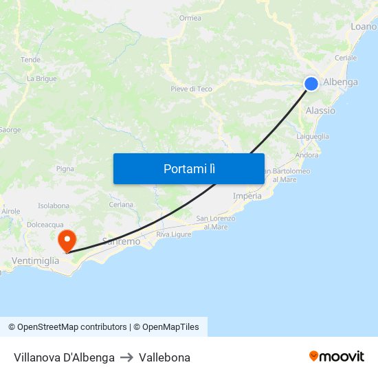 Villanova D'Albenga to Vallebona map