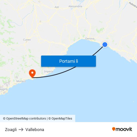 Zoagli to Vallebona map