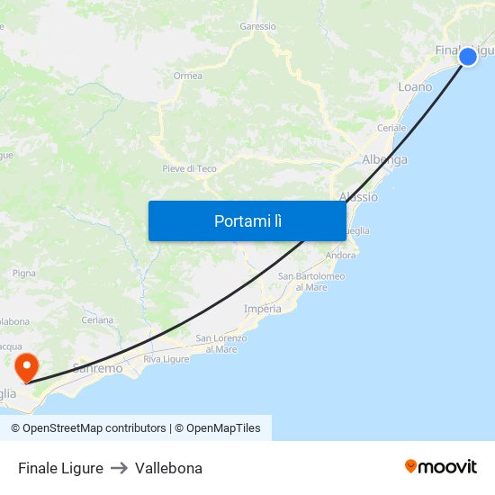 Finale Ligure to Vallebona map