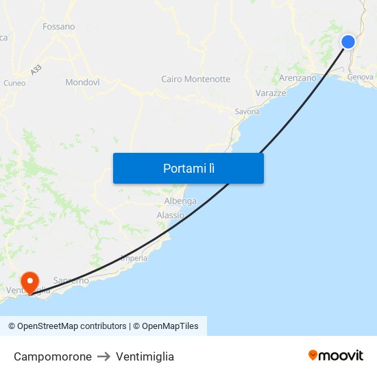 Campomorone to Ventimiglia map