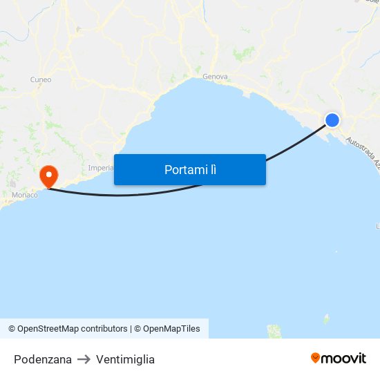 Podenzana to Ventimiglia map