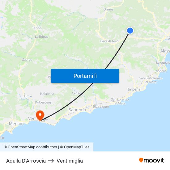 Aquila D'Arroscia to Ventimiglia map