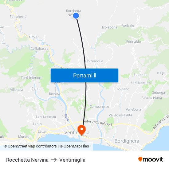Rocchetta Nervina to Ventimiglia map