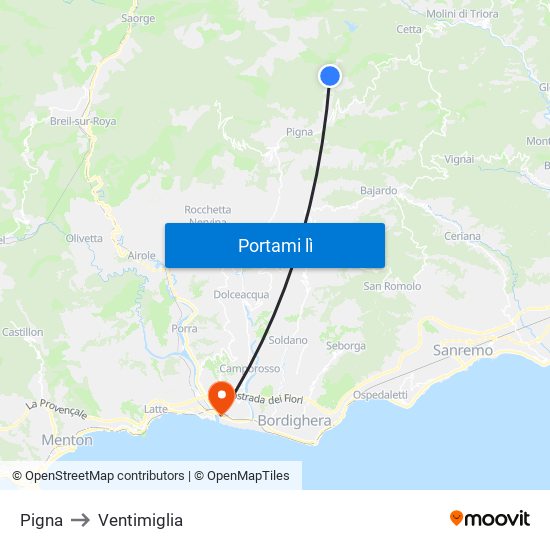 Pigna to Ventimiglia map