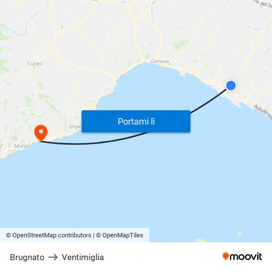 Brugnato to Ventimiglia map