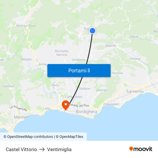 Castel Vittorio to Ventimiglia map