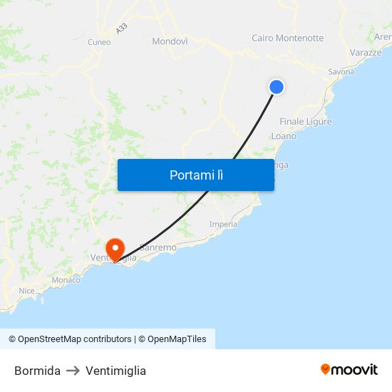 Bormida to Ventimiglia map