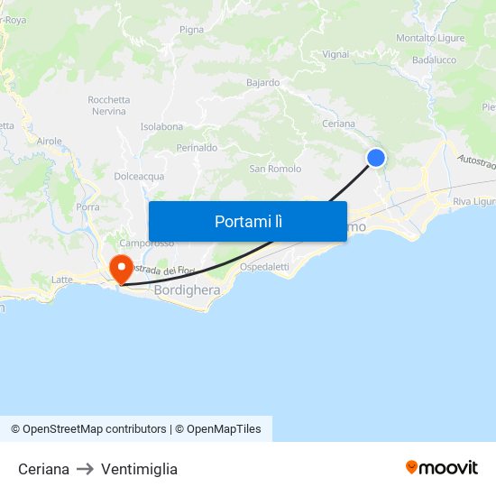 Ceriana to Ventimiglia map