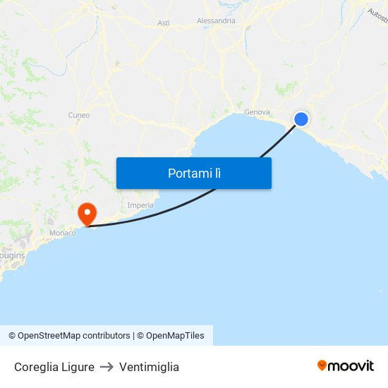 Coreglia Ligure to Ventimiglia map