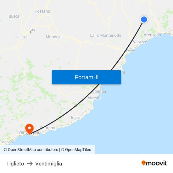 Tiglieto to Ventimiglia map