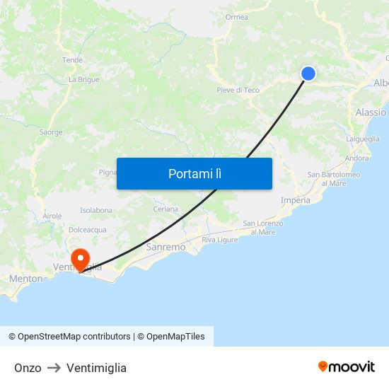 Onzo to Ventimiglia map