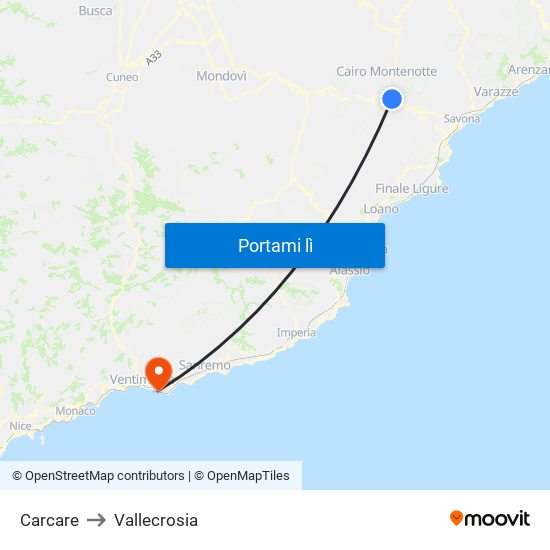 Carcare to Vallecrosia map