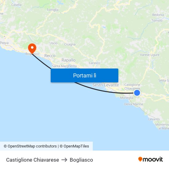 Castiglione Chiavarese to Bogliasco map