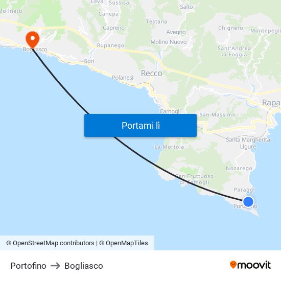 Portofino to Bogliasco map