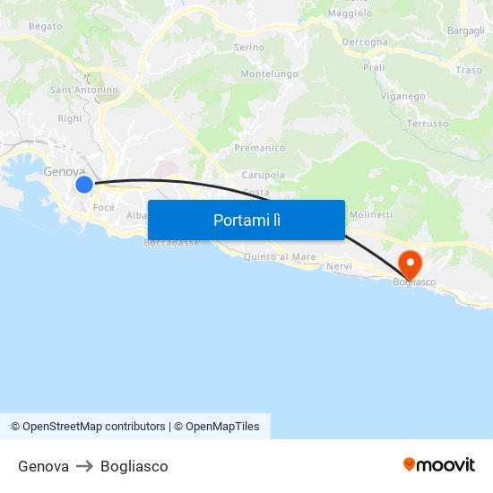 Genova to Bogliasco map