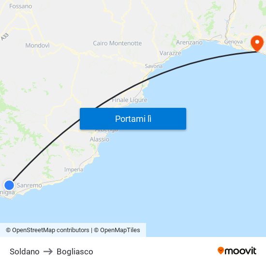 Soldano to Bogliasco map