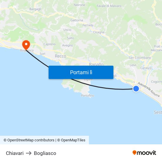 Chiavari to Bogliasco map