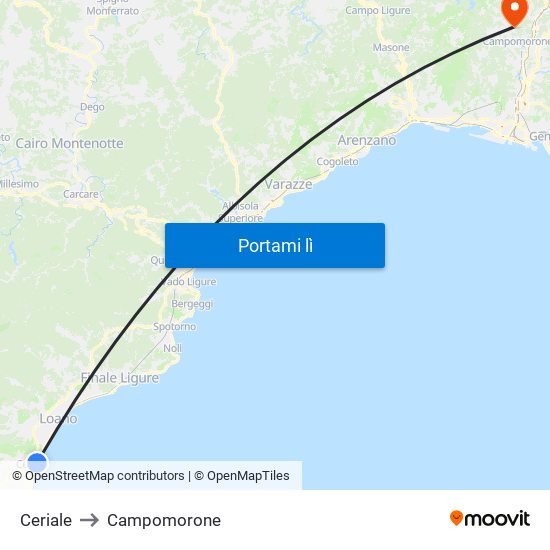 Ceriale to Campomorone map